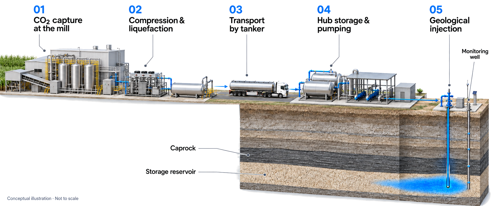 Biogenic CO₂ capture, transport and geological storage with monitoring.